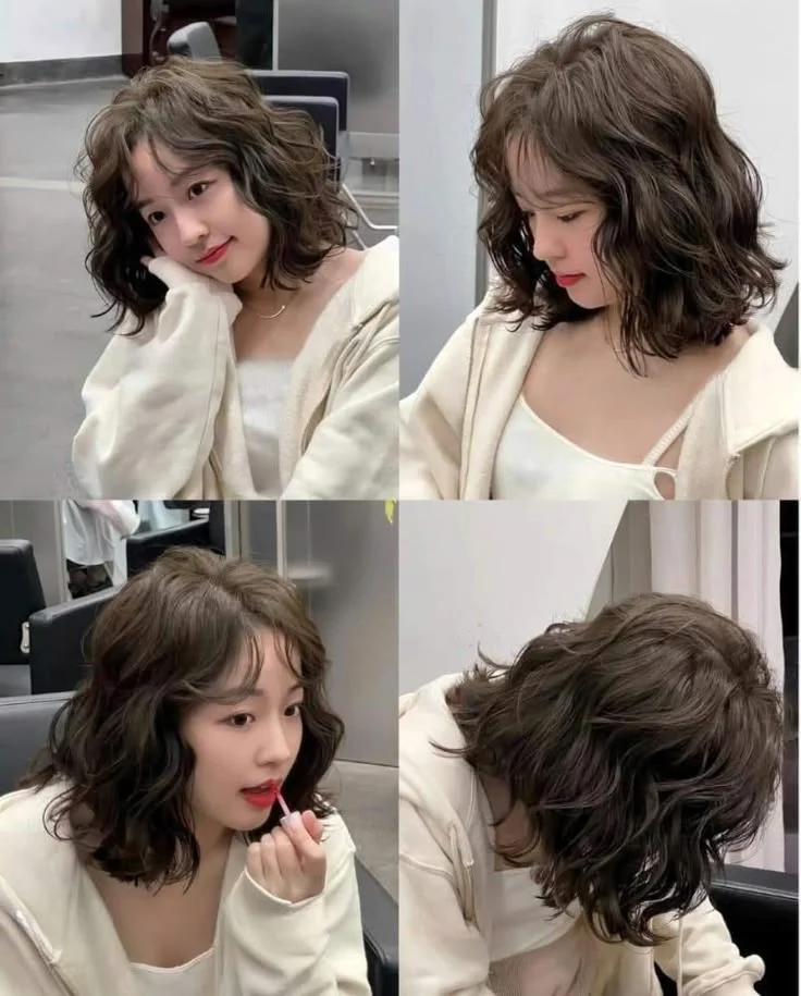 Bộ sưu tập các kiểu tóc xoăn ngắn màu nâu, bồng nhẹ quanh gương mặt