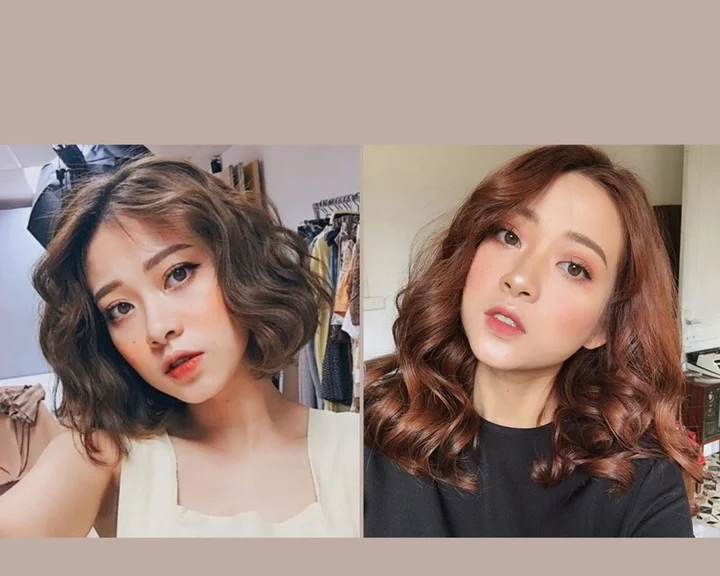 Hai mẫu tóc xoăn ngắn màu nâu với lọn tóc bồng bềnh