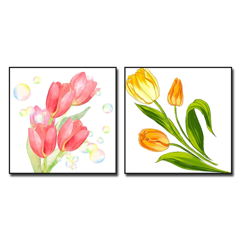 Hai tranh minh họa hoa tulip nhiều màu trong khung