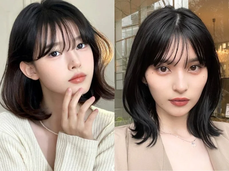 Tóc xoăn đuôi ngang vai với mái thưa