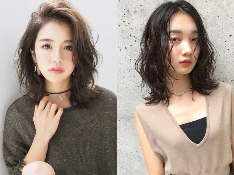 tóc ngắn ngang vai cho mặt tròn uốn rối nhuộm nâu sáng
