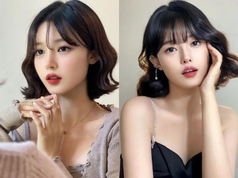 Kiểu tóc ngắn ngang vai mặt tròn uốn xoăn mái thưa