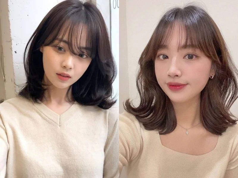 Kiểu tóc ngắn ngang vai uốn nhẹ phần đuôi cho mặt tròn với mái thưa