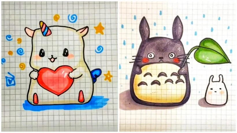 vẽ hình cute dễ thương bằng bút dạ trên giấy kẻ ô ly