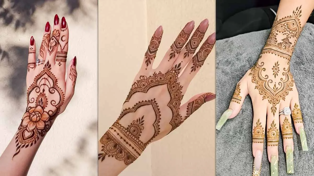 Ảnh gái xinh ba bàn tay henna hoa văn khác nhau